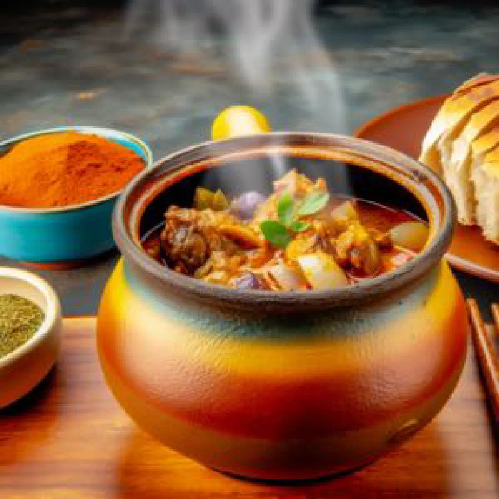 Fukhara lamb and vegetable stew served in a traditional clay pot