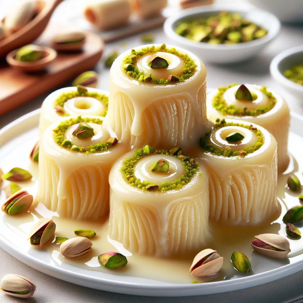 Halawet el jibn rolls topped with crushed pistachios on a serving plate