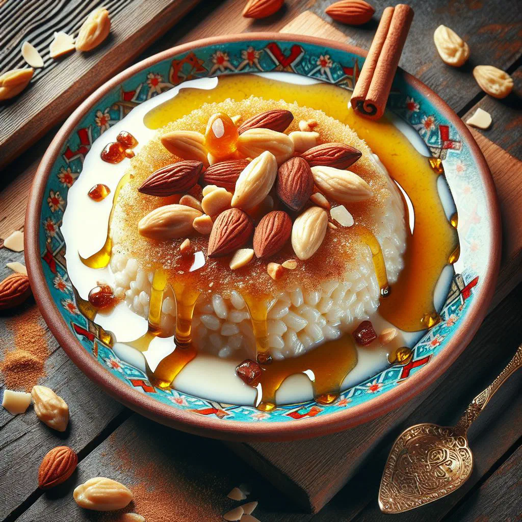 Creamy halawet el roz rice pudding garnished with chopped pistachios