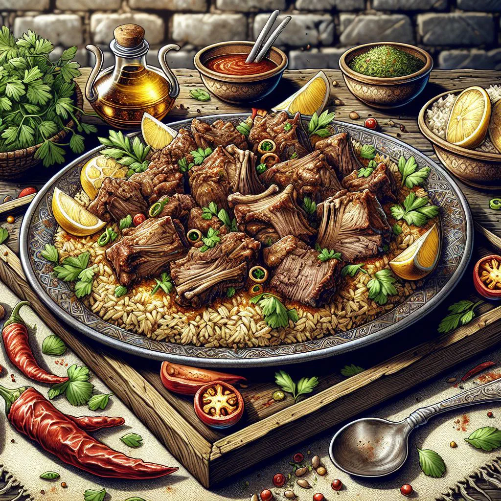 Slow-cooked haneeth lamb served with spiced rice and fresh vegetables