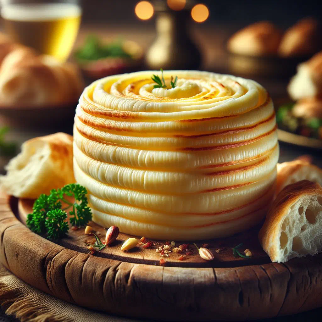 Melted jibneh mashrouha cheese topped with herbs and spices, served with fresh bread