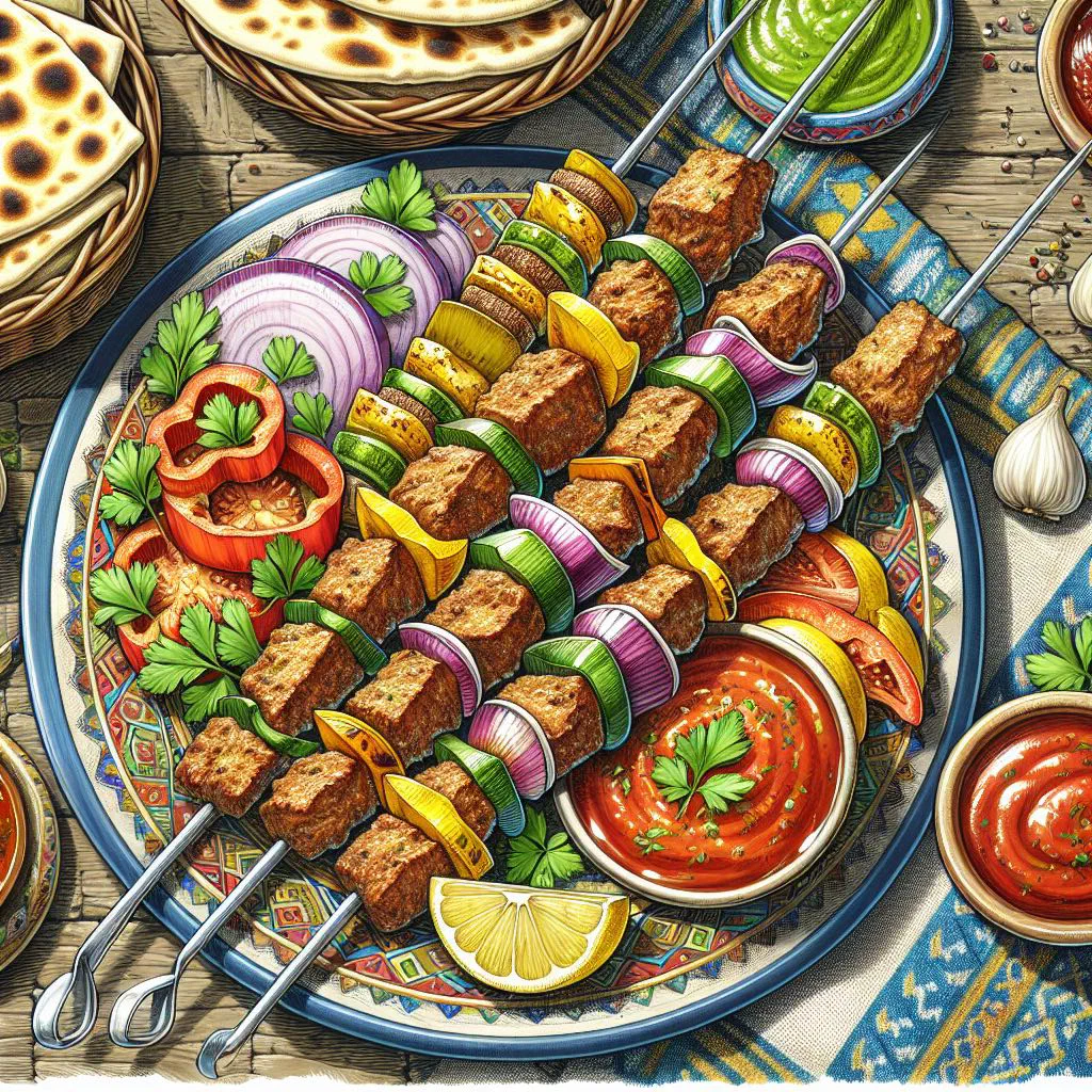 Grilled kebab halabi skewers served with flatbread and fresh vegetables