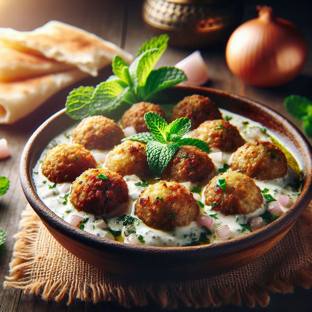 Kibbeh dumplings simmered in a creamy yoghurt sauce, garnished with fresh mint