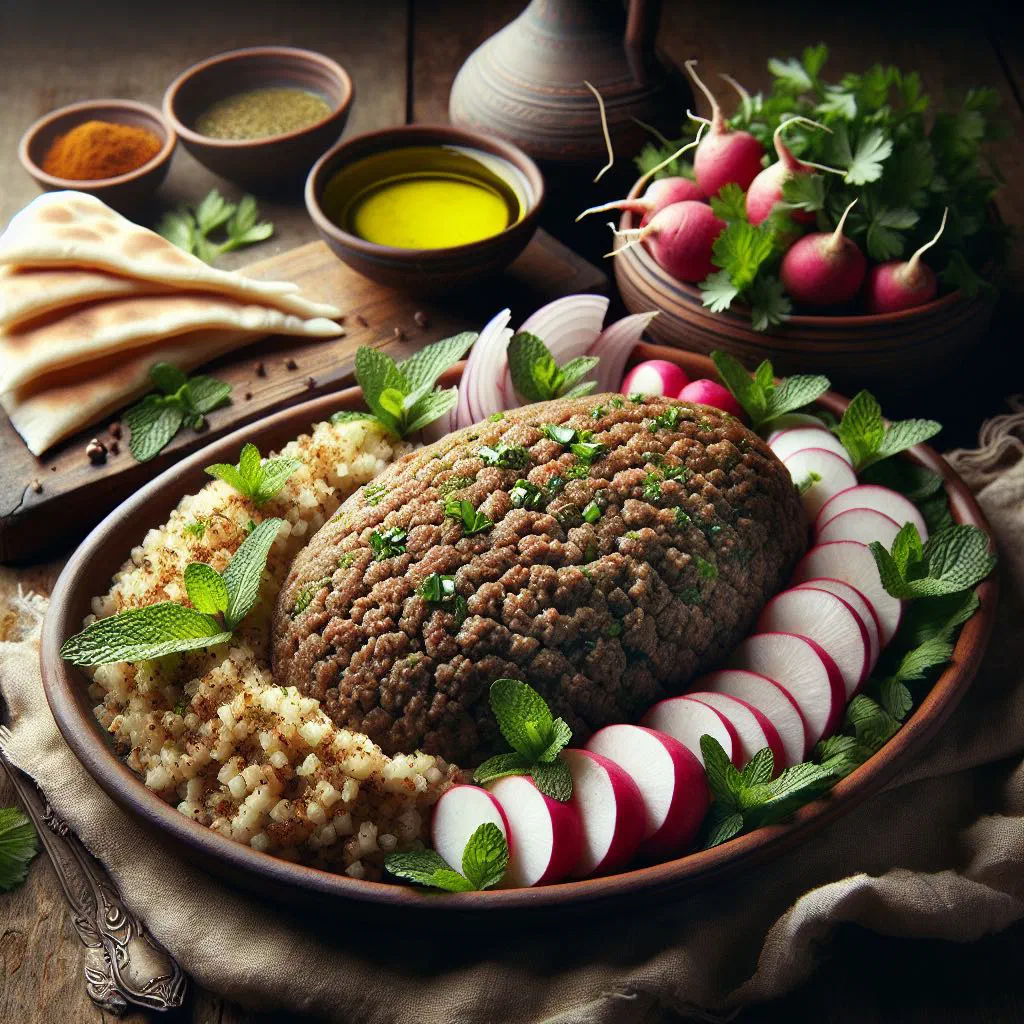 Kibbeh nayeh of raw minced lamb and bulgur garnished with fresh herbs and nuts