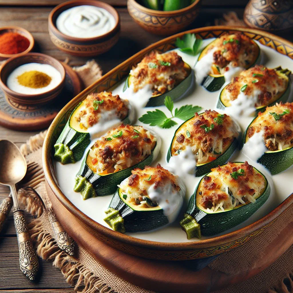 Stuffed courgettes with rice and minced meat filling, served with creamy yogurt and fresh mint
