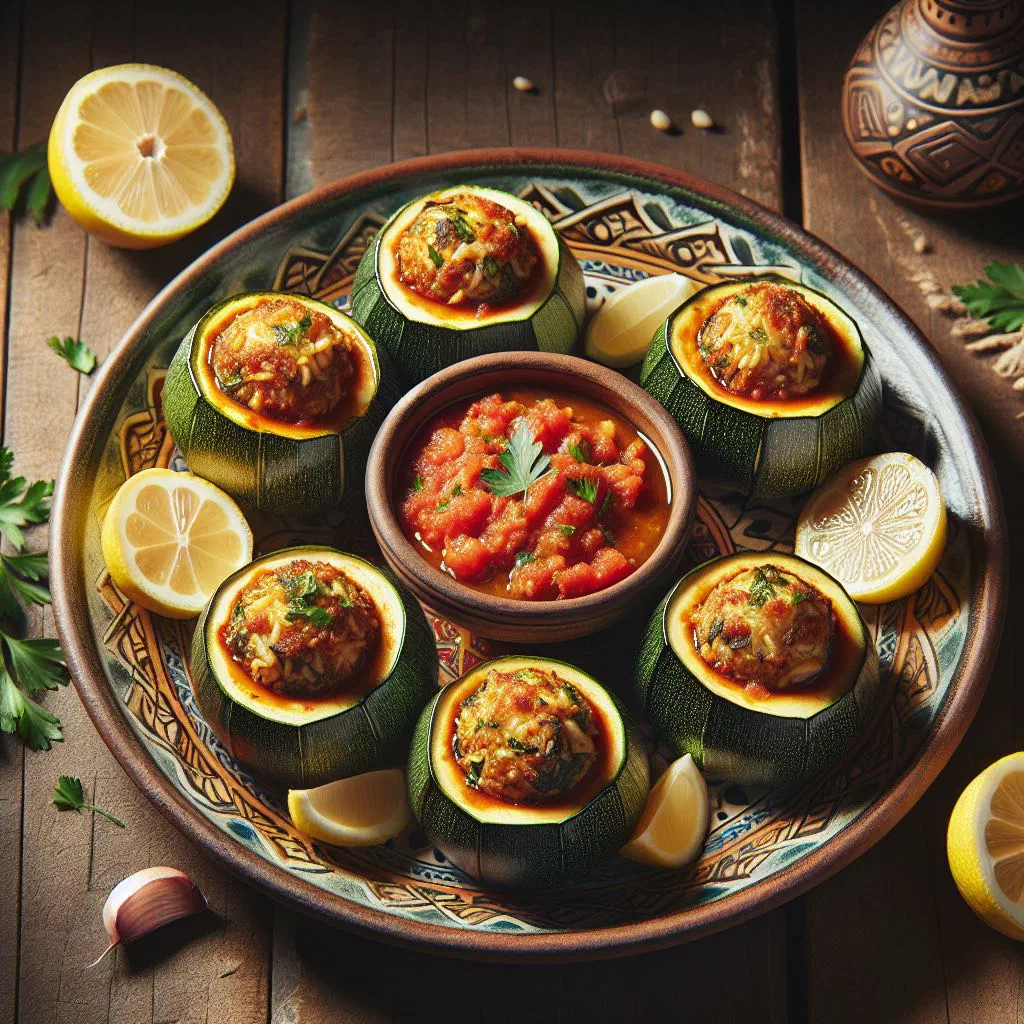 Stuffed courgettes filled with rice and minced meat in a spiced broth