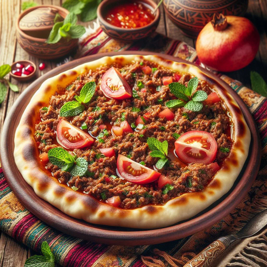 Lahm bil ajeen flatbreads topped with spiced minced meat and fresh parsley