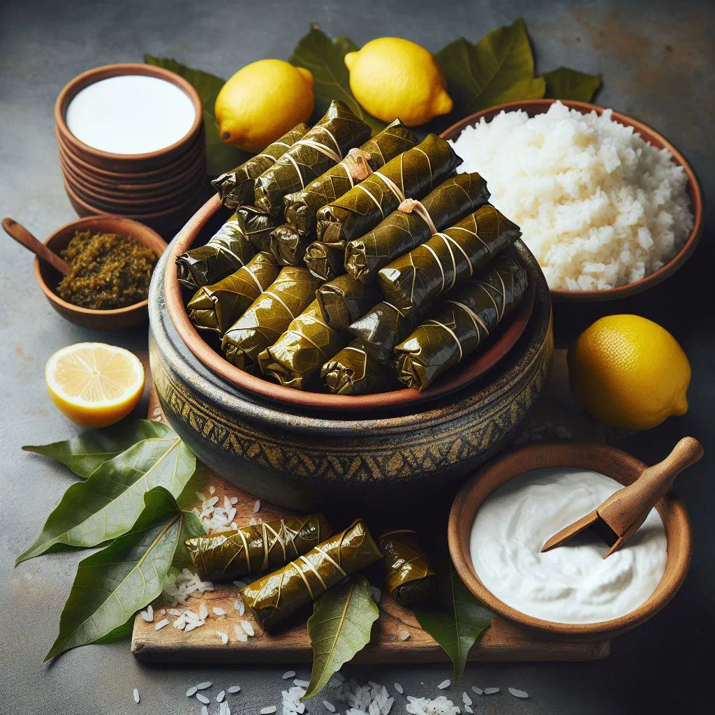 Stuffed vine leaves rolled tightly and arranged on a serving plate