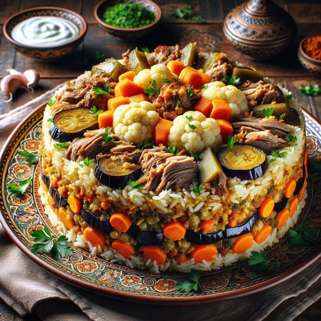 Makloubeh turned out onto a platter, showing layers of rice, vegetables and meat garnished with parsley