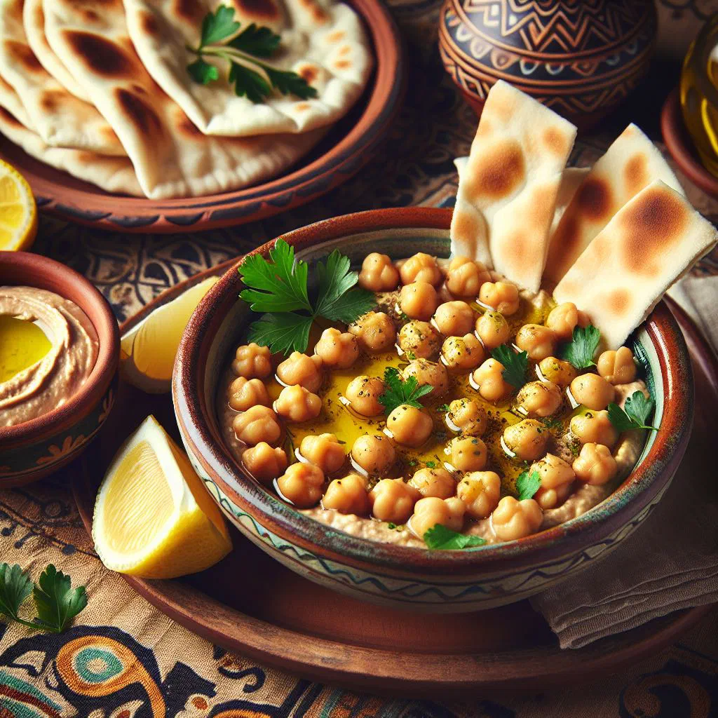 Bowl of creamy masabaha with whole chickpeas, olive oil and fresh parsley