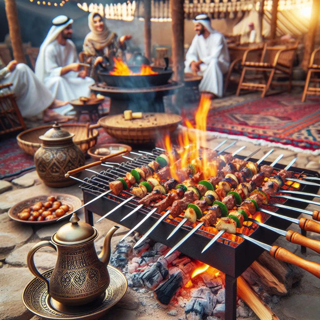 Grilled mashawi skewers with charred vegetables served with flatbread and dips