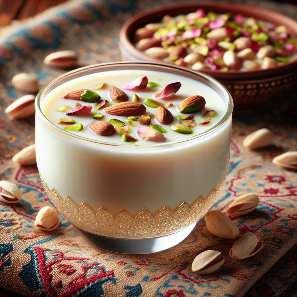 Creamy muhalabiya milk pudding topped with chopped pistachios