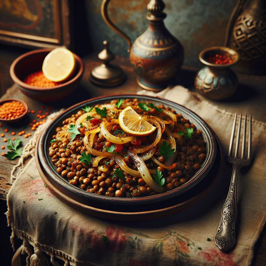 Mujadara of lentils and rice topped with golden caramelised onions