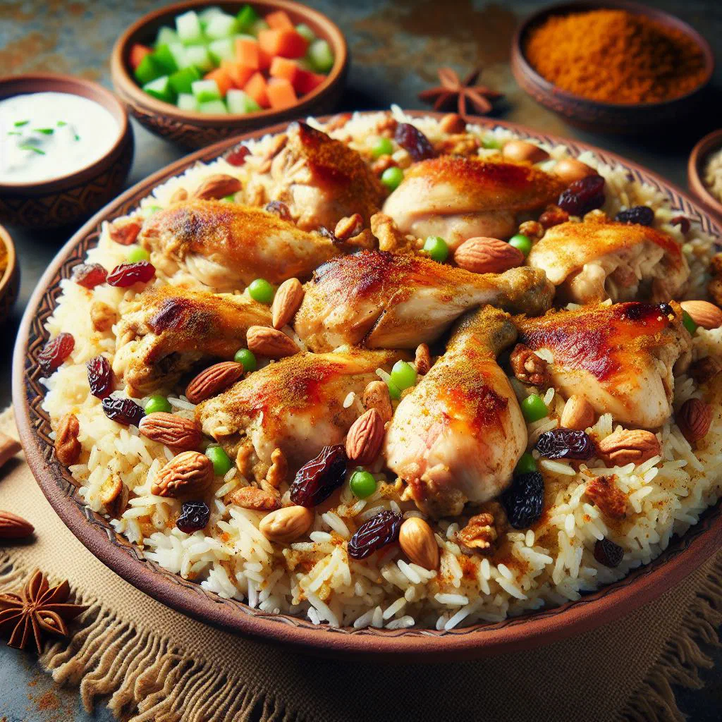 Riz ala dajaj with spiced rice, tender chicken and toasted nuts