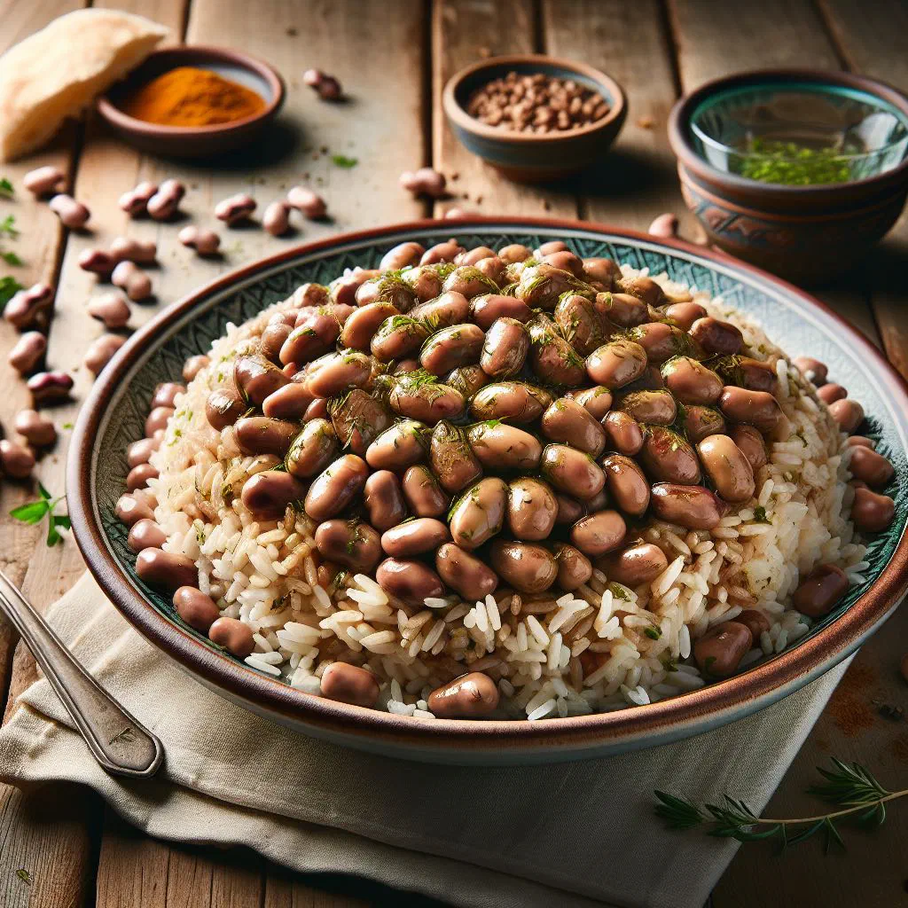 Riz bi foul — spiced rice with beans garnished with fresh parsley