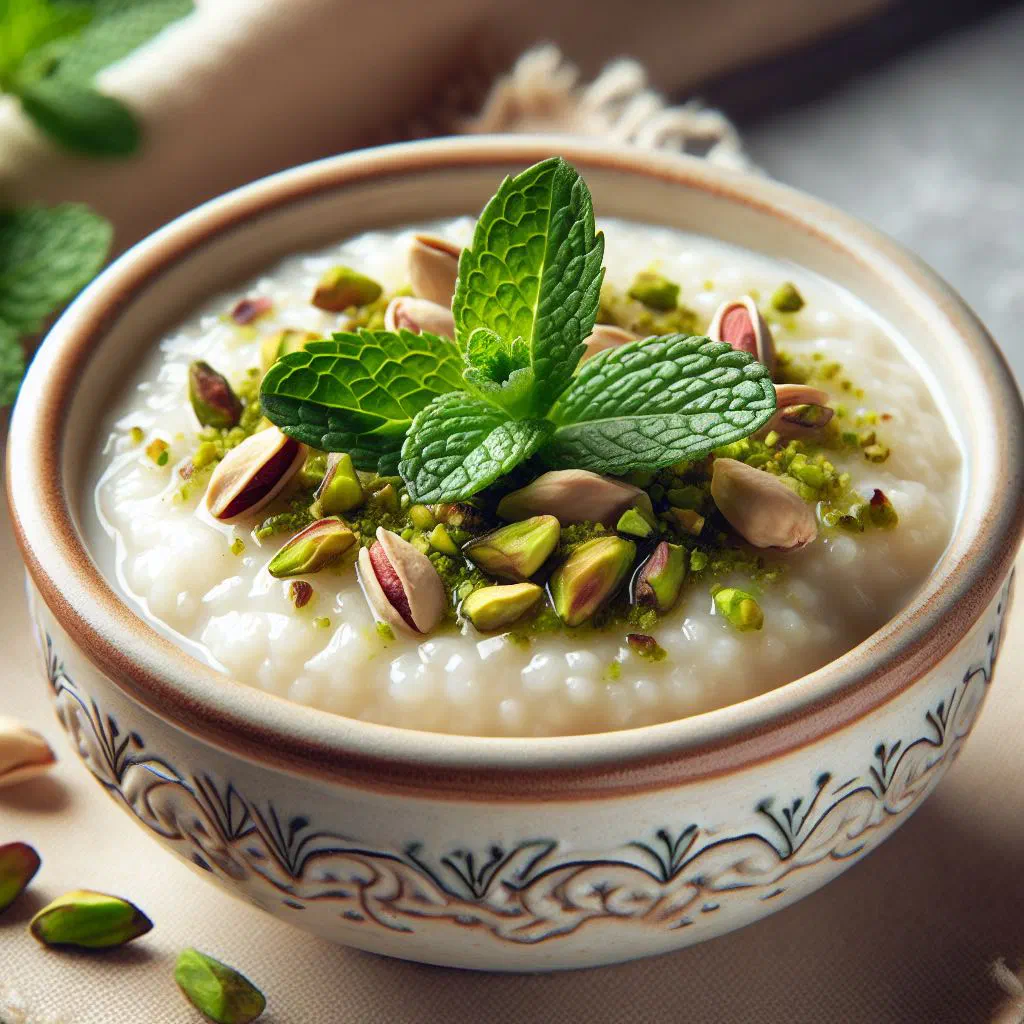 Creamy Roz Bil Halib rice pudding topped with cinnamon and chopped pistachios