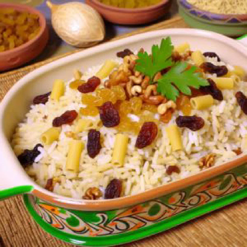 Ruz Ma' Sha'arieh — spiced Syrian rice with tender meat, topped with toasted nuts