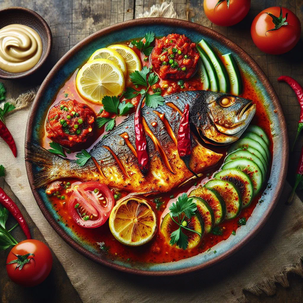 Grilled samak harra fish topped with spicy herb sauce, coriander and lemon slices