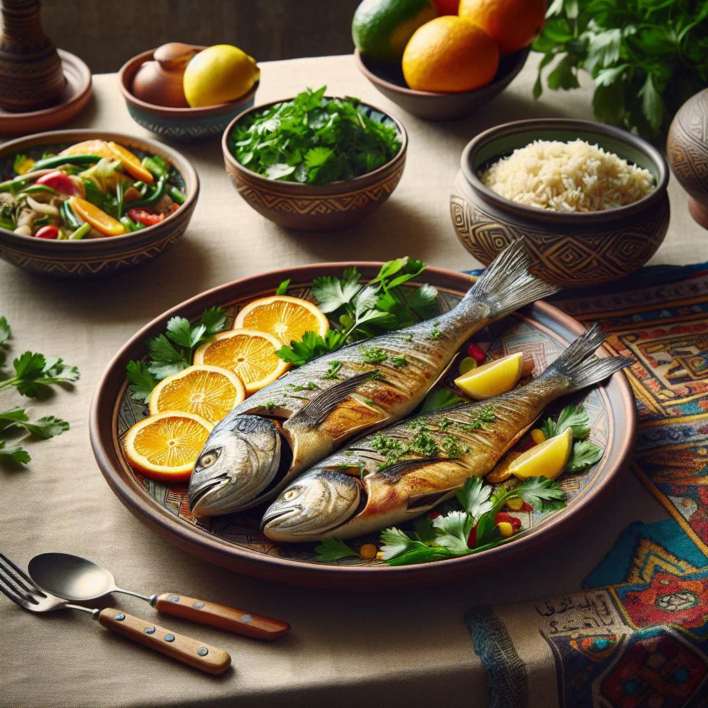 Whole grilled fish garnished with fresh coriander and lemon slices
