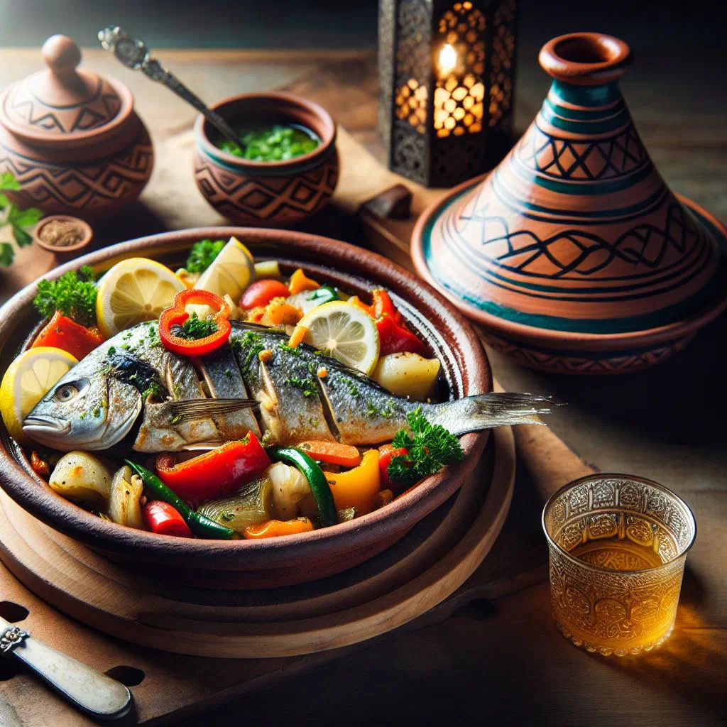 Samak tajine with fish, tomatoes and peppers garnished with fresh parsley