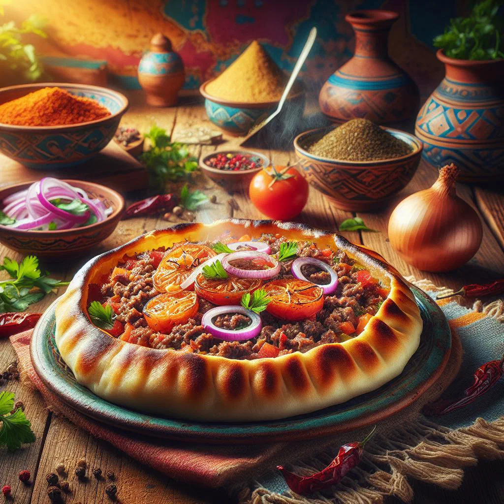 Freshly baked sfiha flatbreads topped with spiced minced meat