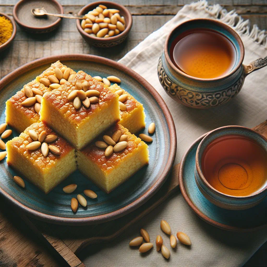 Golden-yellow sfouf cake cut into squares and topped with nuts
