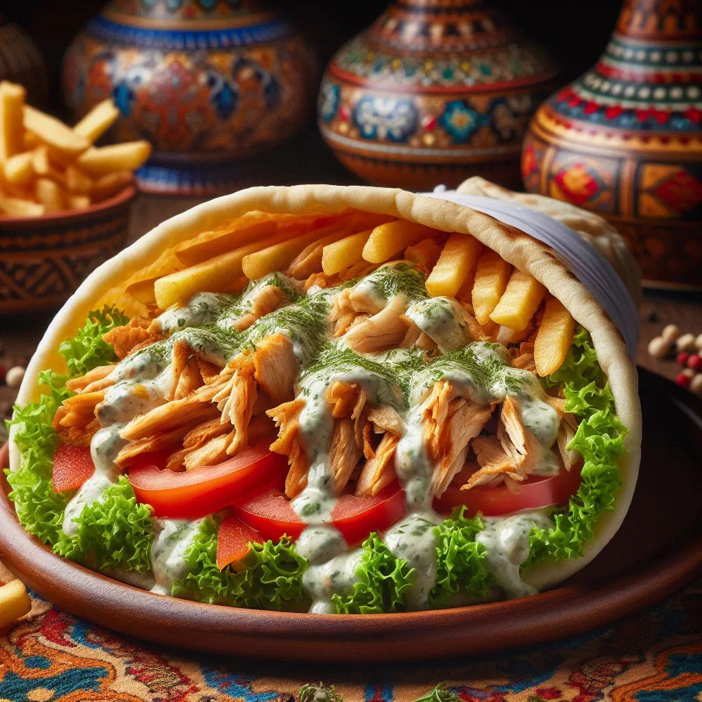 Shawarma Arabi wrapped in warm flatbread with fresh vegetables and garlic sauce