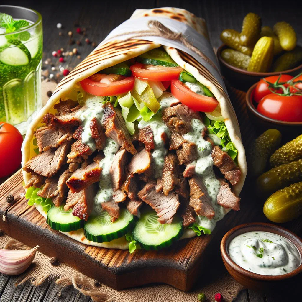 Shawarma with marinated grilled meat, fresh vegetables and sauce in flatbread