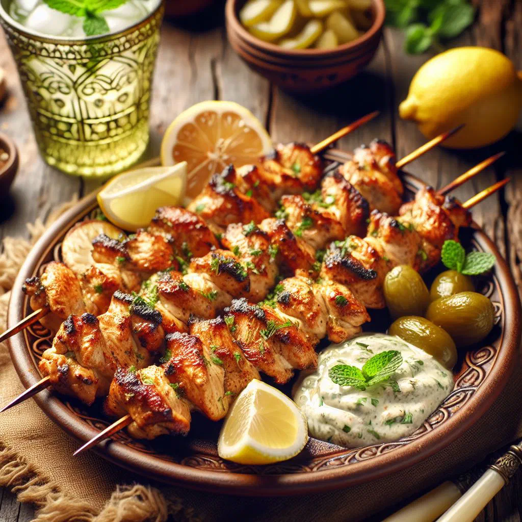 Grilled shish taouk chicken skewers with charred edges and fresh herbs