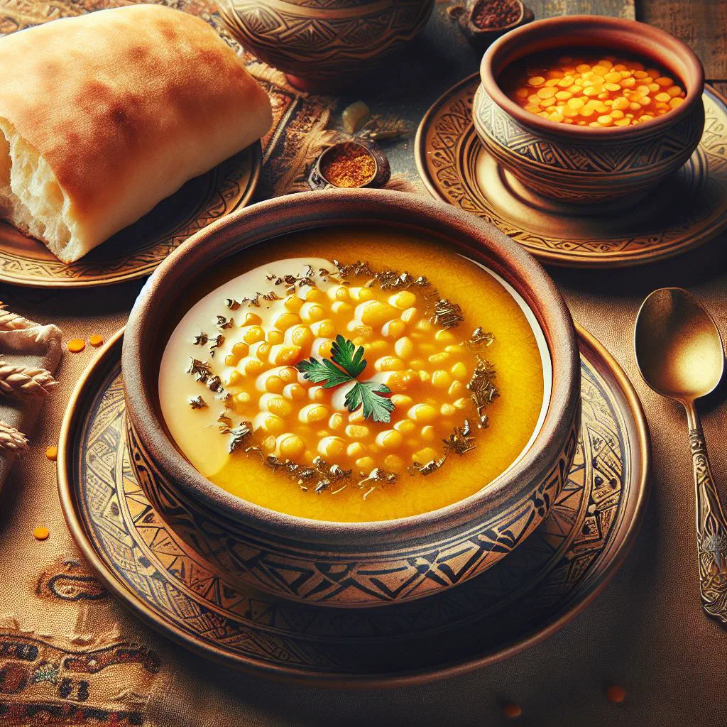 Bowl of Syrian shorbat adas lentil soup garnished with fresh parsley