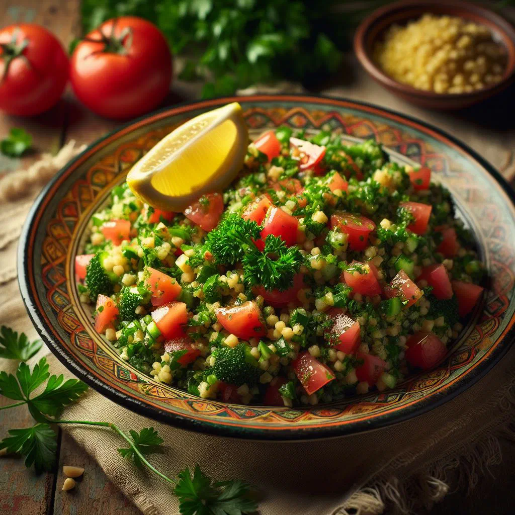 Fresh tabbouleh salad with chopped parsley, bulgur, tomatoes and lemon