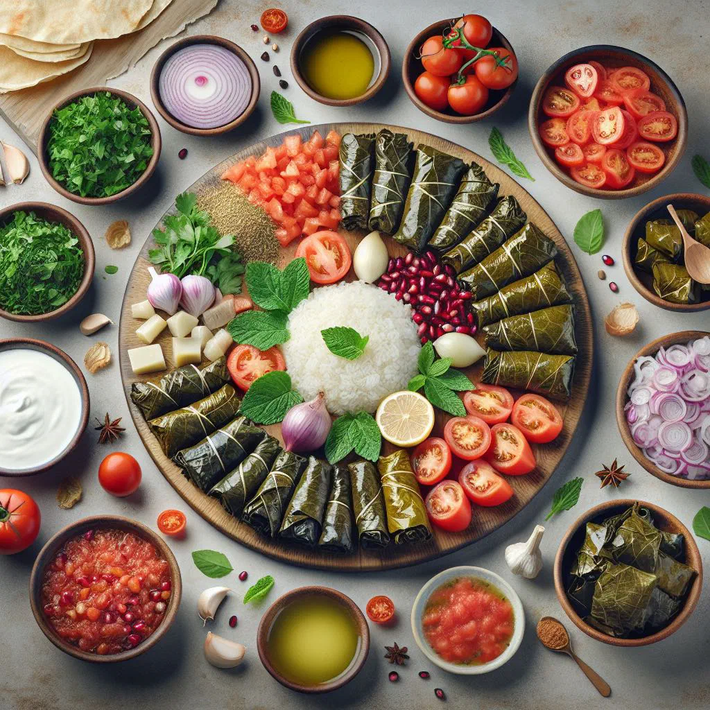Stuffed vine leaves rolled tightly and served with lemon wedges