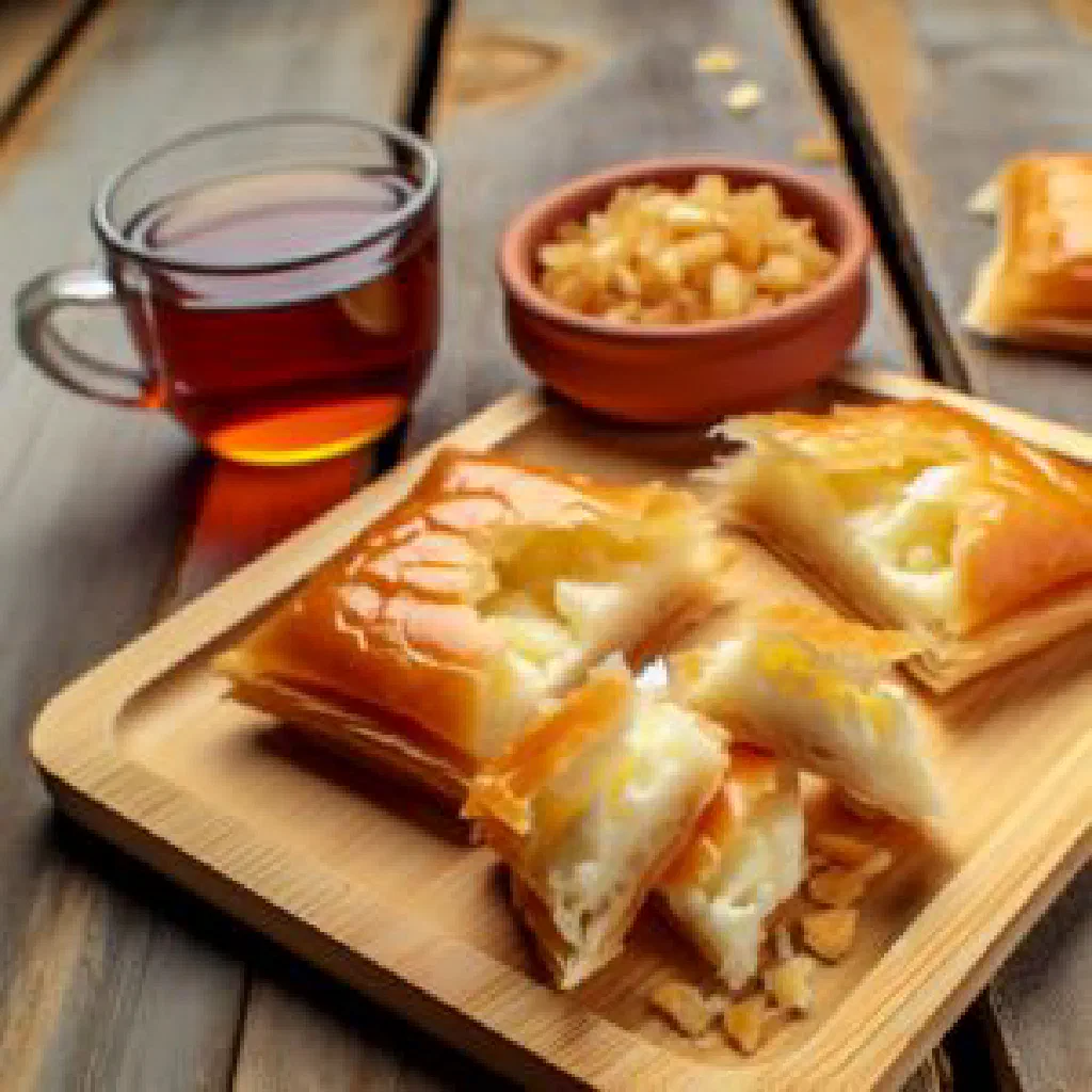 Golden warbat pastries dusted with icing sugar