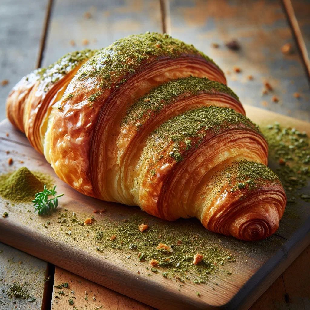 Golden flaky zaatar croissants sprinkled with herbs and sesame seeds