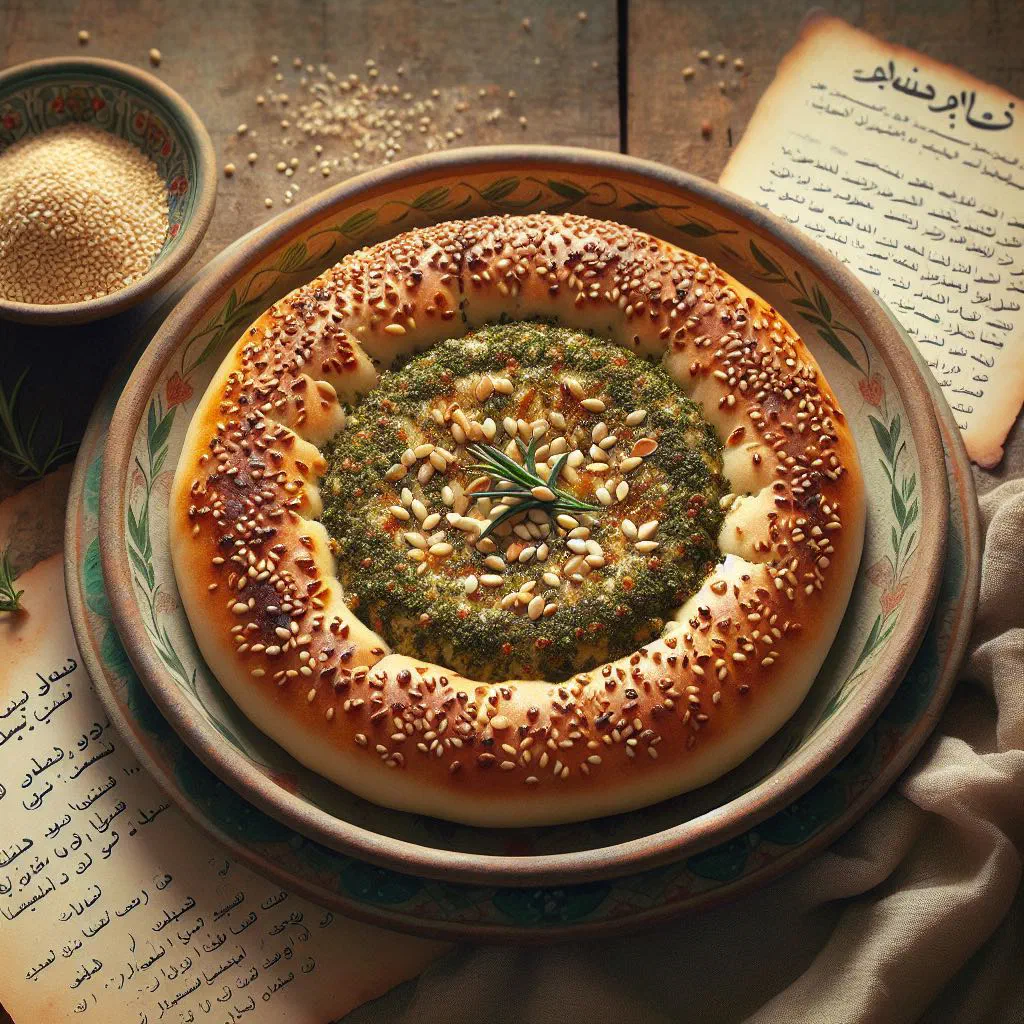 Freshly baked zaatar manakish flatbreads topped with herbs and sesame seeds