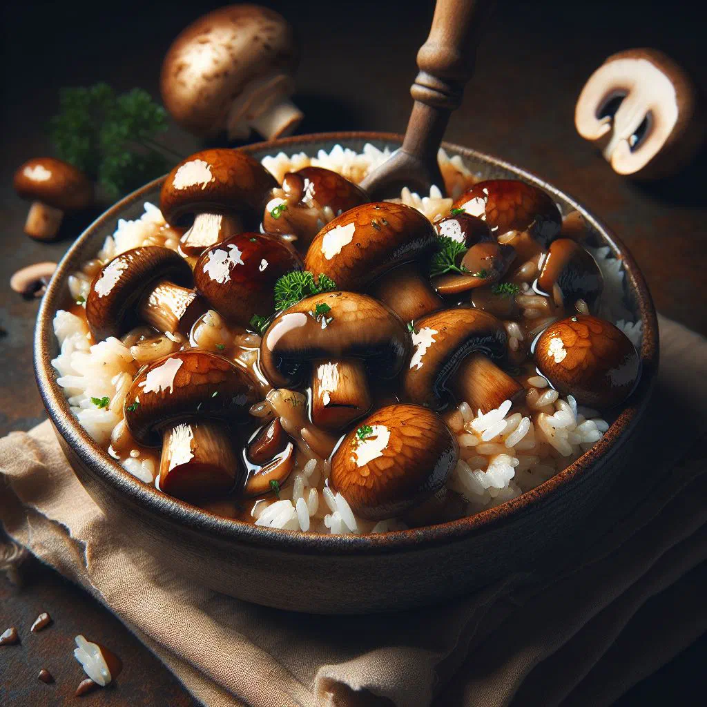 Bowl of braised mushroom rice topped with sliced shiitake and spring onions