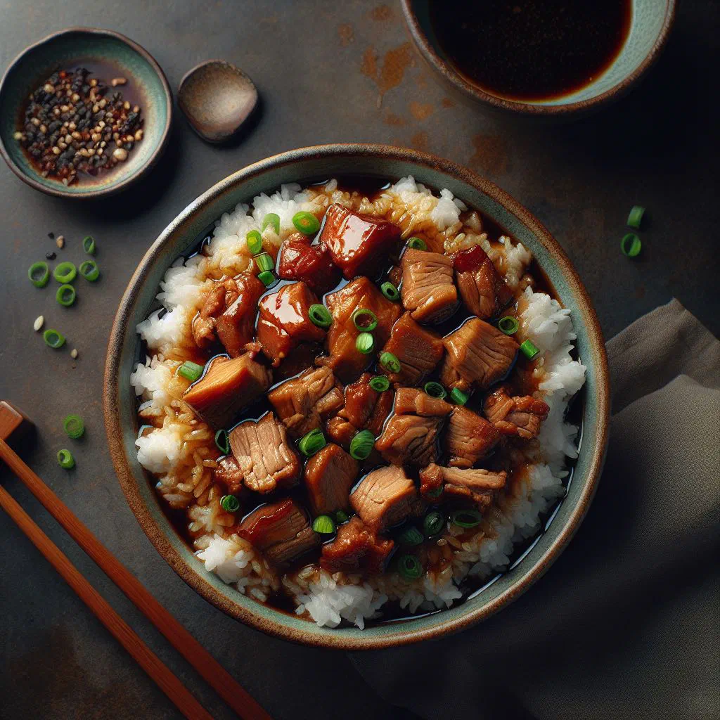 Braised pork belly served over steamed rice with a soy-braised egg