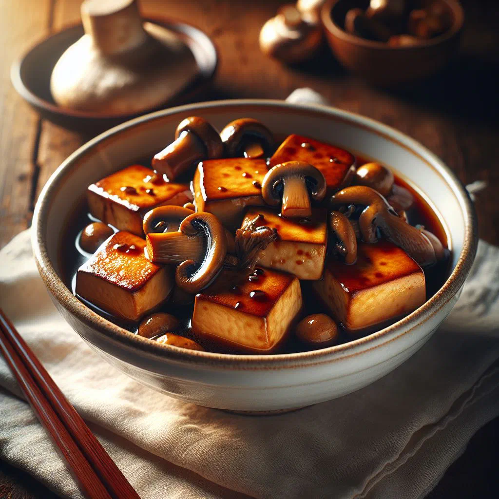 Braised tofu cubes with sliced mushrooms in a savoury soy sauce, topped with spring onions