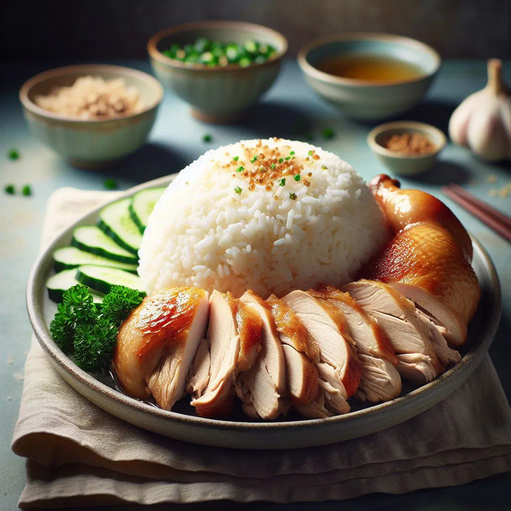 Taiwanese chicken rice served with fresh vegetables and a savoury sauce