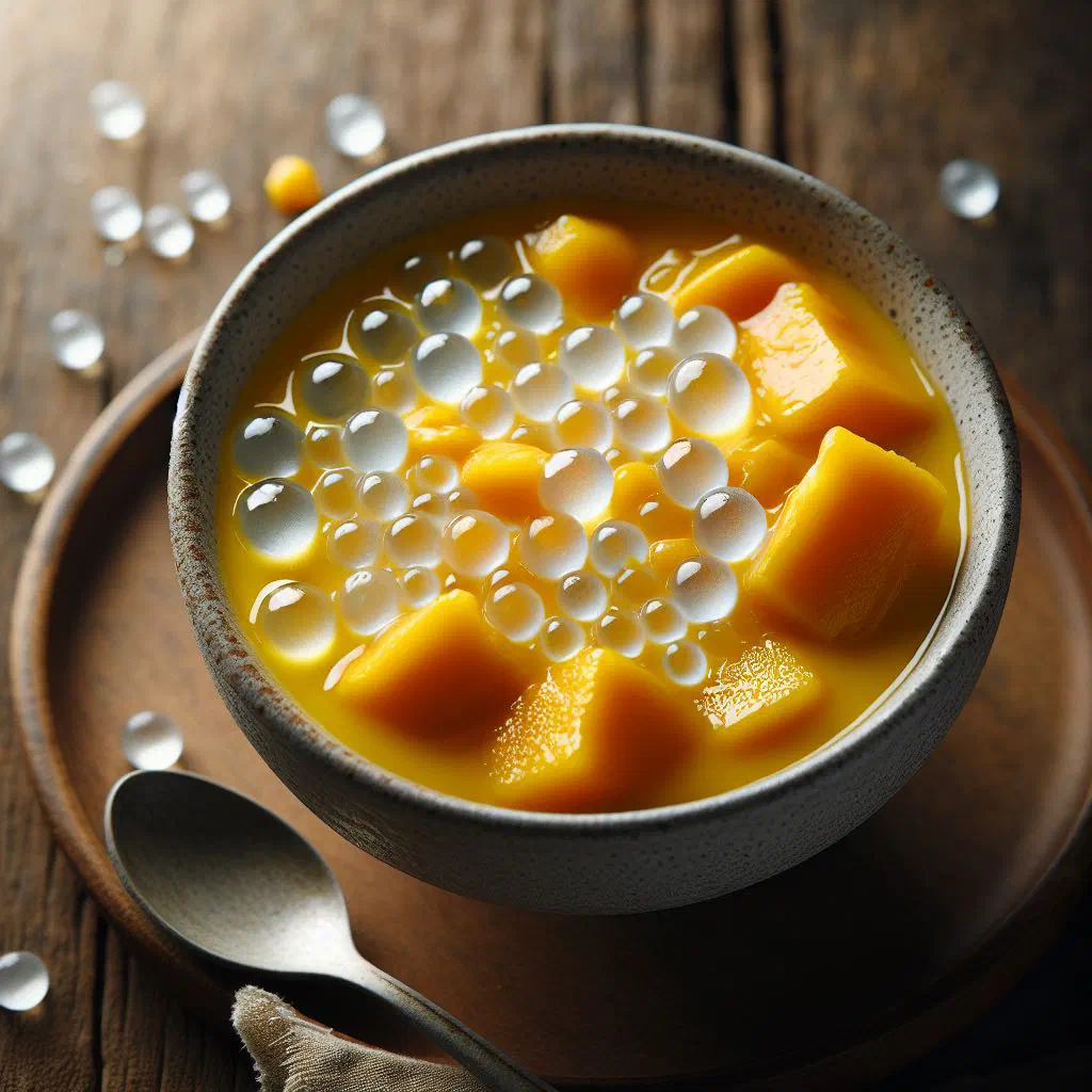 Chilled mango sago in a glass with tapioca pearls and fresh mango