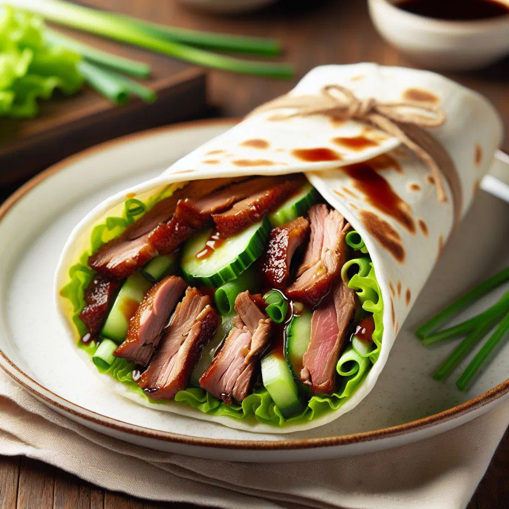 Crispy duck wrap filled with sliced duck, cucumber, carrot and fresh coriander