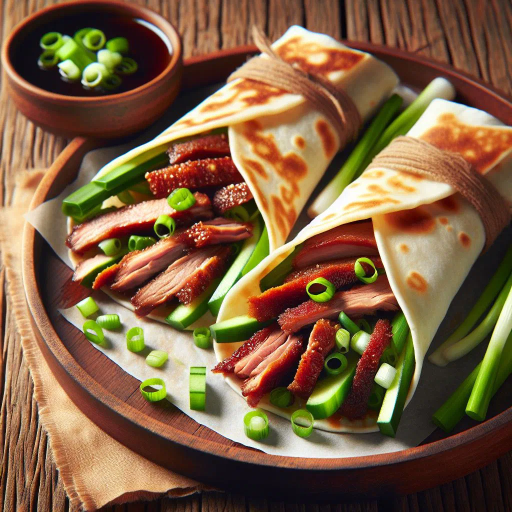 Crispy duck wraps filled with sliced duck, fresh vegetables and hoisin sauce