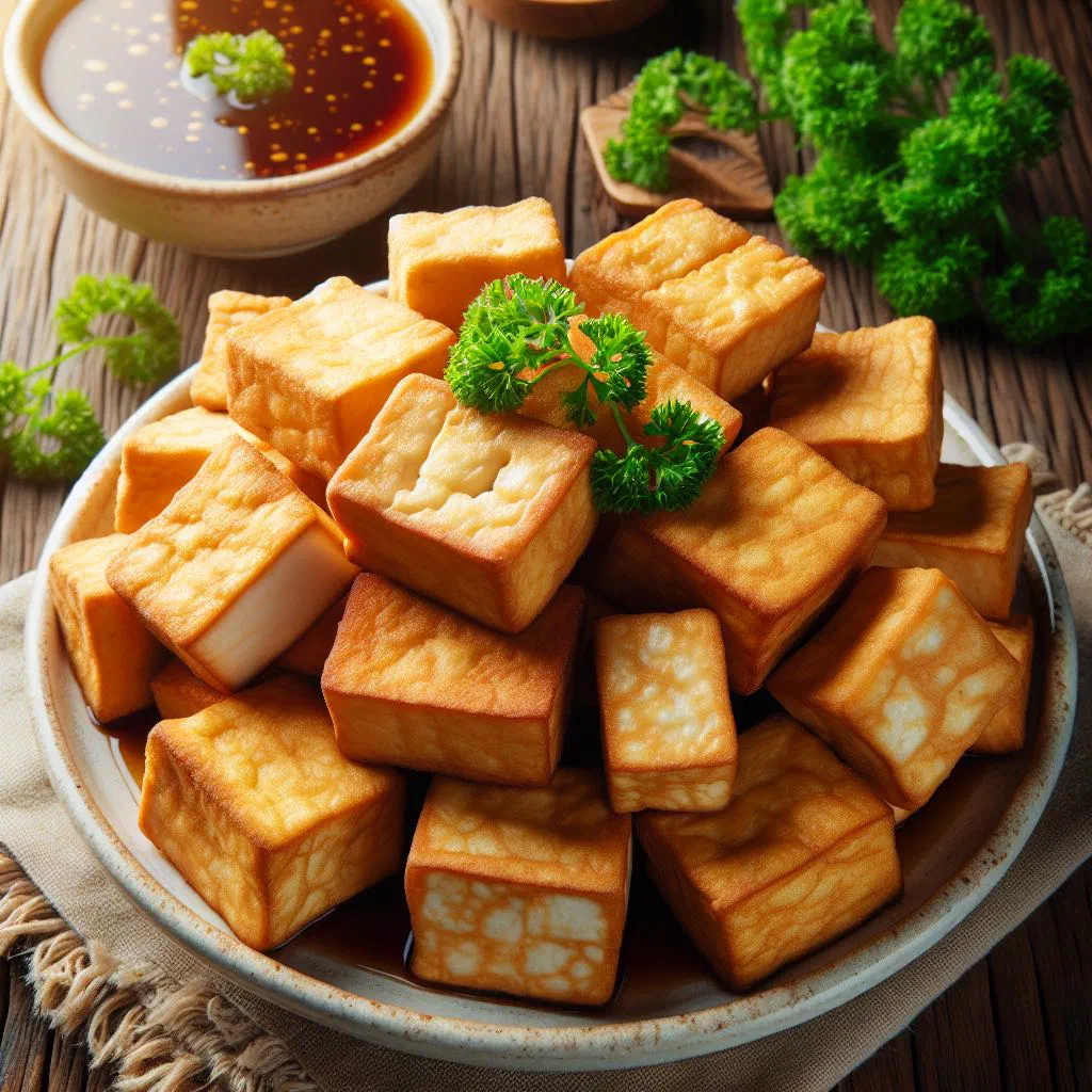 Golden cubes of crispy fried tofu garnished with fresh herbs