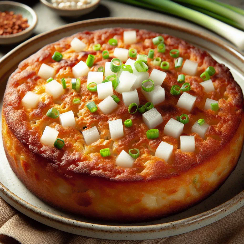Golden-brown crispy radish cake slices garnished with fresh herbs