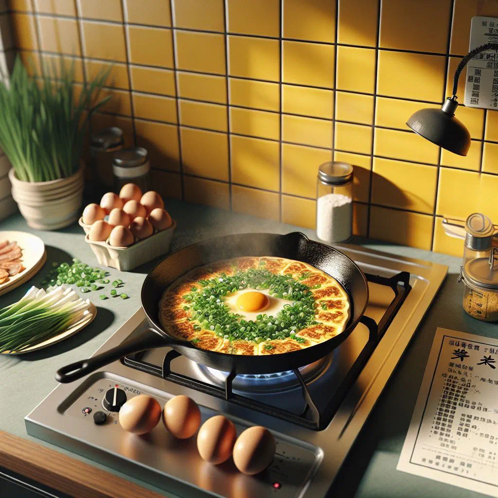 Rolled Taiwanese dan bing egg crepe topped with spring onions