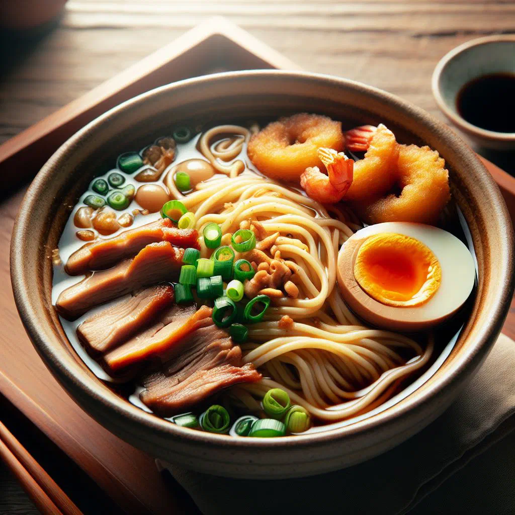 Bowl of Dan Zai noodles topped with minced pork, omelette and spring onions