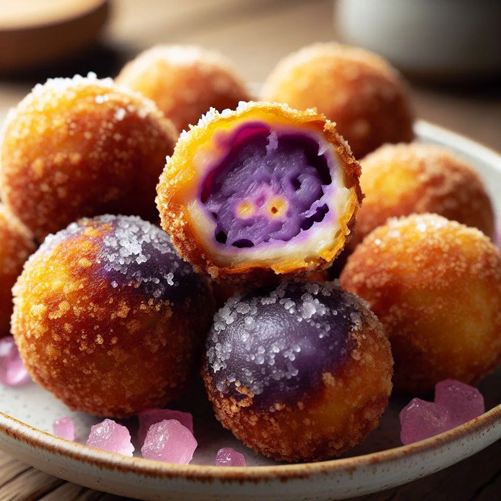 Golden deep-fried taro balls piled on a plate