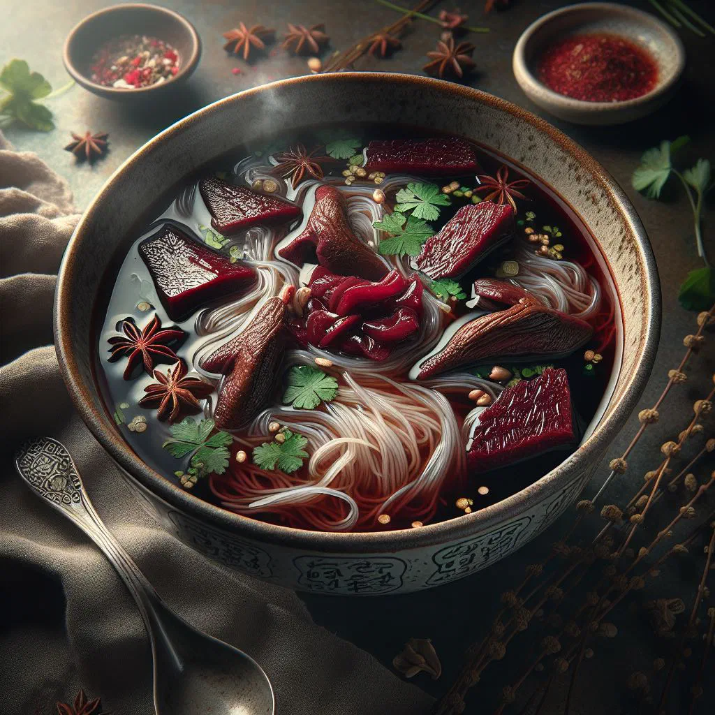 Bowl of Taiwanese duck blood vermicelli soup garnished with coriander and spring onions