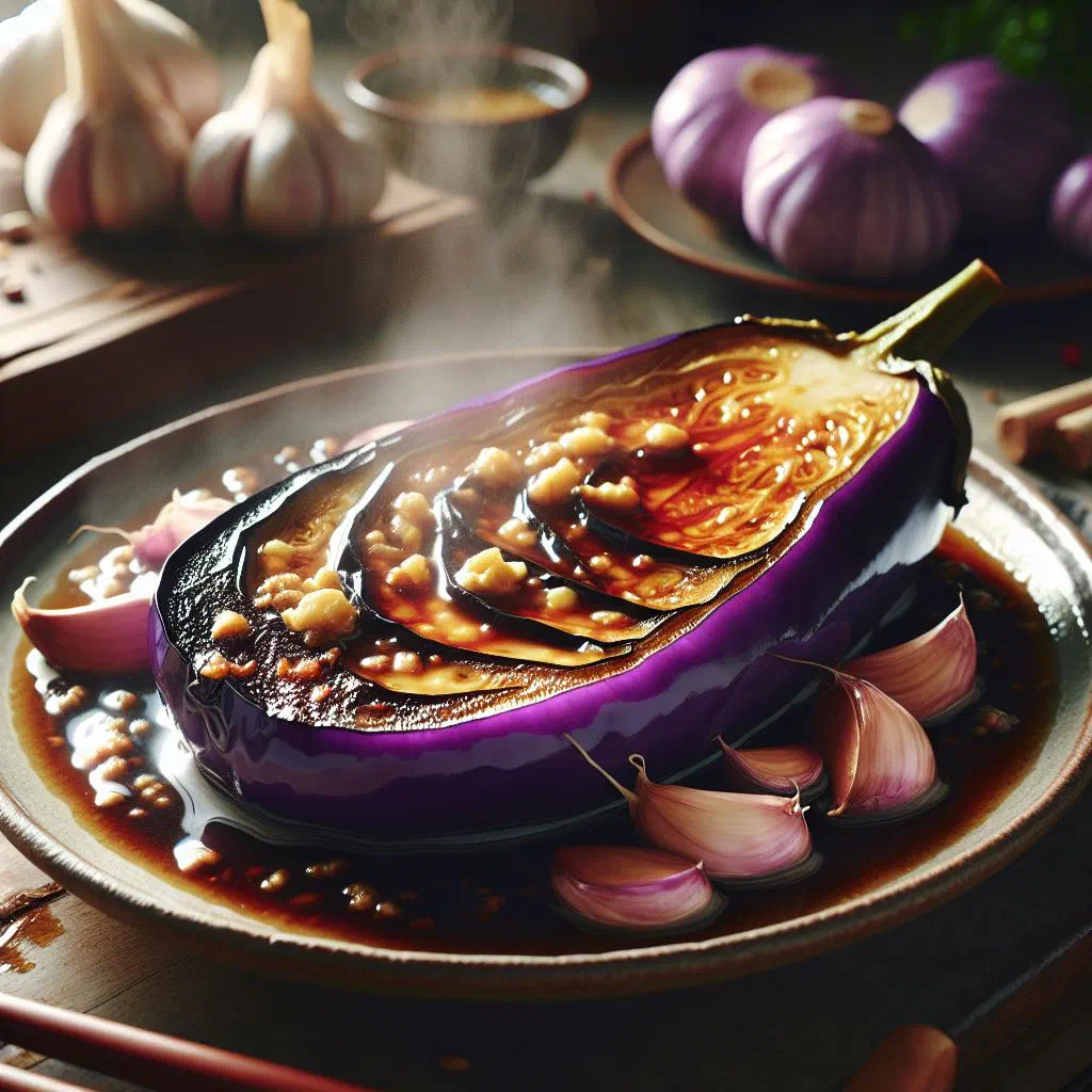 Glossy braised aubergine in a savoury garlic sauce, garnished with coriander