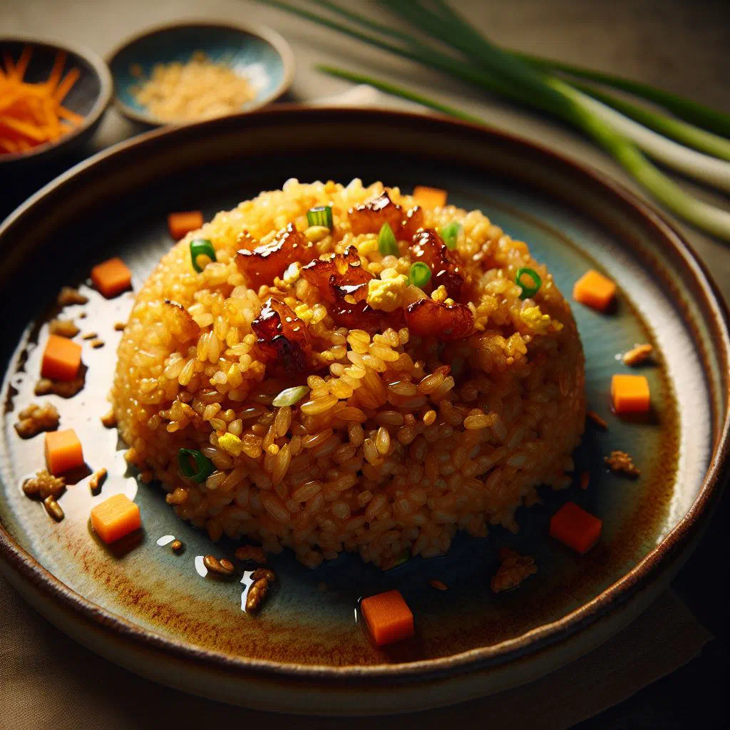 Fried glutinous rice with carrots, peas and spring onions in a bowl
